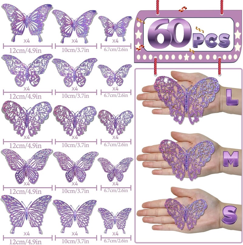 DELEMI 60 Pcs 3D Sequined Purple Butterfly Wall Decor Stickers, 5 Styles 3 Sizes, Holographic Butterfly Decor for Dorm Room & Wedding Party Birthday Decor - Image 5